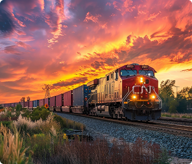 A freight train carrying shipping containers traveling through a scenic countryside at sunset, with vibrant orange and purple skies casting a dramatic backdrop over the landscape.<br />
