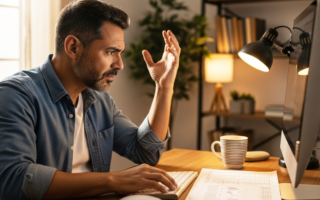 man looking frustrated at computer over broker commission gimmicks which you will not find at D&L Transport