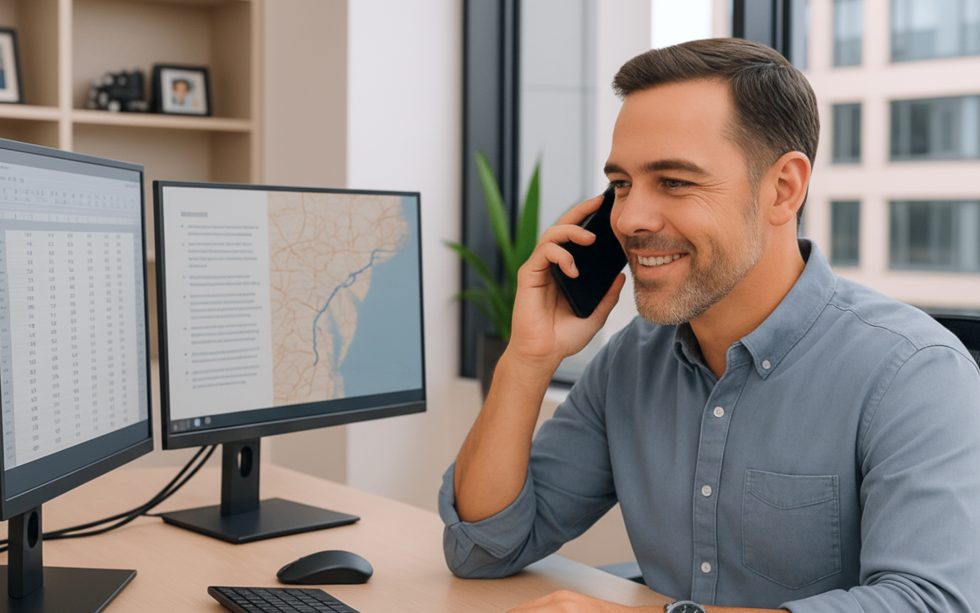 Freight Agent speaking with a shipper at dual monitors reviewing route maps and load data at D&L Transport, illustrating the real-world support and partnership discussed in elite Freight Agent programs