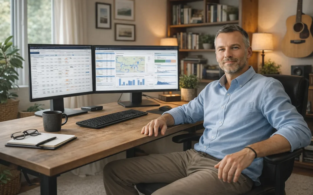Experienced freight agent reviewing real-time shipment data and analytics at a desk, representing a low-risk way to evaluate a new freight broker through hands-on testing and operational transparency